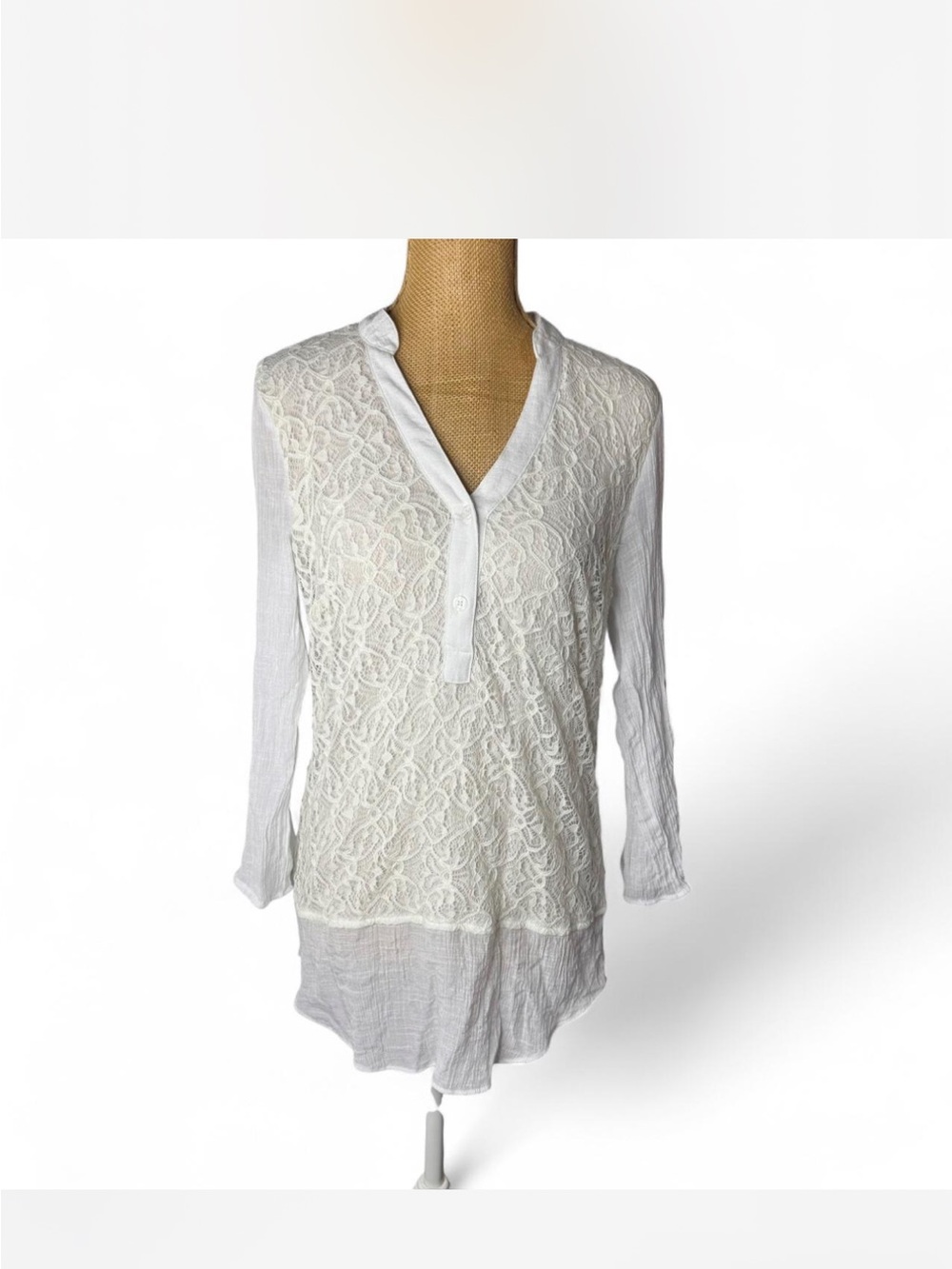 AB Studio White Lace-Front Long Sleeve Tunic Top